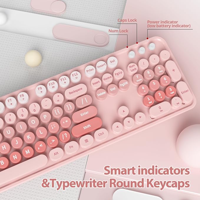 Wireless Keyboard and Mouse Set, Retro Typewriter Keyboard, 2.4GHz Full Size 104-Key Cute Keyboard with Number Pad, Colorful Keyboard with Round Keycaps for Windows PC Laptop(Pink)