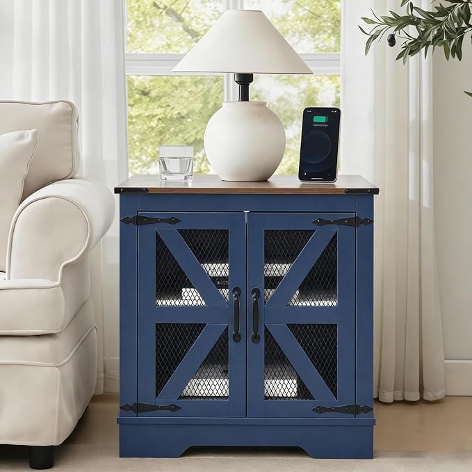 Farmhouse End Table Set with Charging Station Set of 2, Living Room Tables with Hidden Storage, Wood Square Sofa Bedside Tables, Night Stand with Power Outlet and Door, Blue