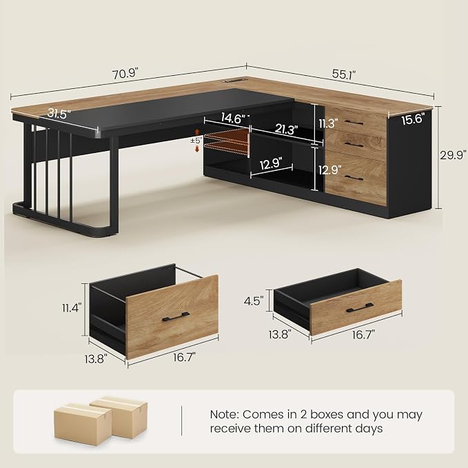 UPOSOJA 71" Executive Desk, Large Office Desk with Drawers & Storage Shelves, Modern L Shaped Computer Desk Corner Desk with Power Outlets, File Cabinet, Business Furniture Desk Workstation (Oak)
