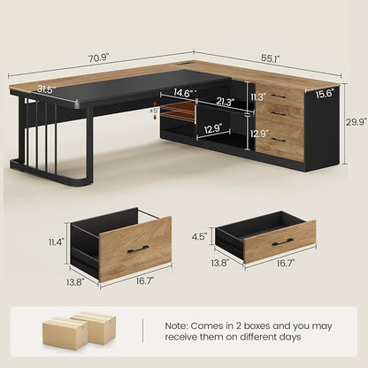 UPOSOJA 71" Executive Desk, Large Office Desk with Drawers & Storage Shelves, Modern L Shaped Computer Desk Corner Desk with Power Outlets, File Cabinet, Business Furniture Desk Workstation (Oak)