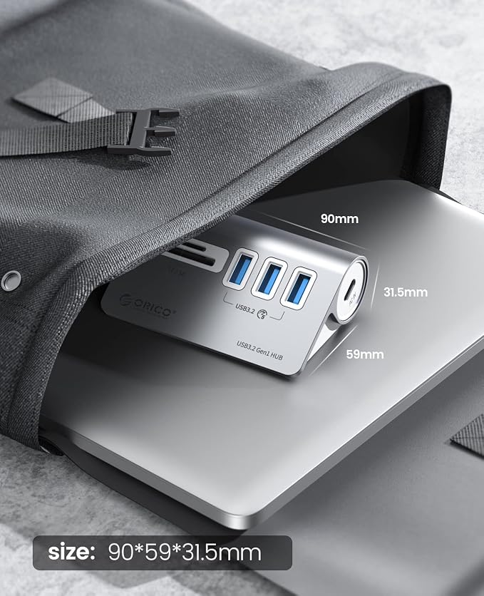 ORICO 5-Port USB 3.2 Gen1 Hub, Desktop USB 3.0Hub with 3 USB-A, SD/TF Card Reader, 5V 2A Power Supply Port, 5Gbps Aluminium USB-Splitter with 1.64Ft USB-C to USB-A/C Cable for iMac, MacBooks, Mac mini