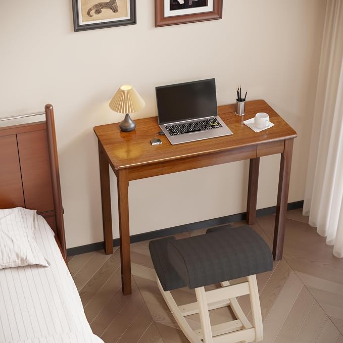 Solid Wood Desk with Drawers - 36 x 16 Inch Simple Narrow Desks, Rubber Wood Study Table, Small Writing Desk for Bedroom|Small Spaces - Natural Boho Desks
