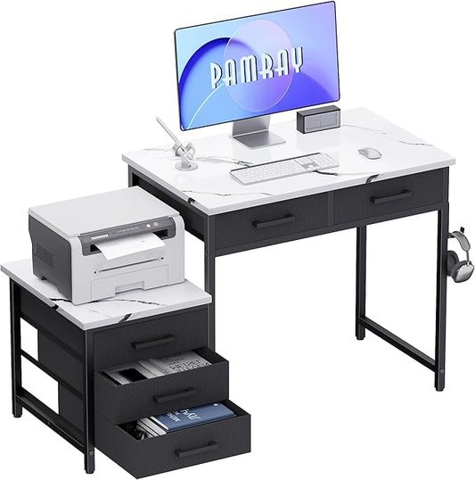 Pamray 47 inch Computer Desk with 5 Drawers and Printer Space for Office | Ample Storage, Space-saving, Easy Assembly, Sturdy, Suitable for Home Office, Study and Writing, Bedroom and Dorms