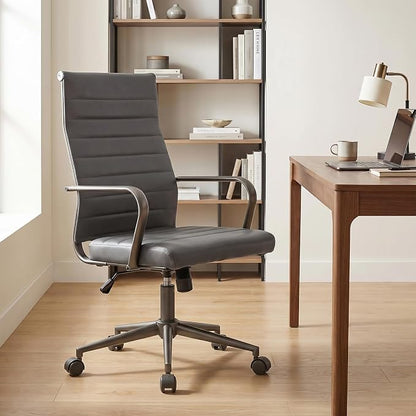 Okeysen Leather Office Desk Chair, Ergonomic Mid Century Modern Conference Room Chairs, Executive Ribbed Height Adjustable Swivel Rolling Chair for Home Office.