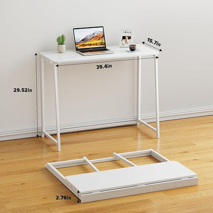 WOHOMO Folding Desk, Small Writing Desk 39.4", Space-Saving Foldable Laptop Table Writing Workstation for Home Office, Easy Assembly, White
