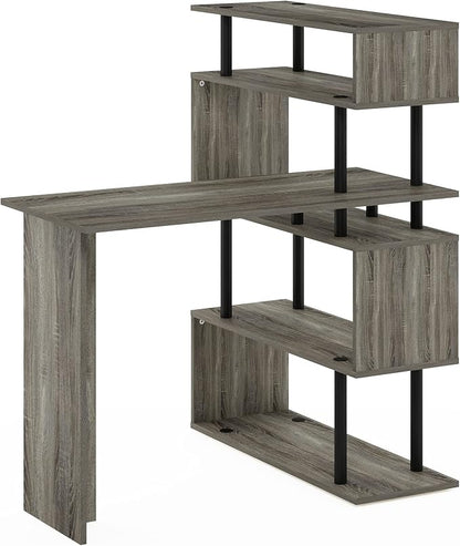 Furinno Classic Desk, 40" Wide L-Shape Gaming Desk, Computer Desk, Writing Desk with 5-Tier S-Shaped Side Shelves for Home Office, Study Room, Dorm, Bedroom, French Oak