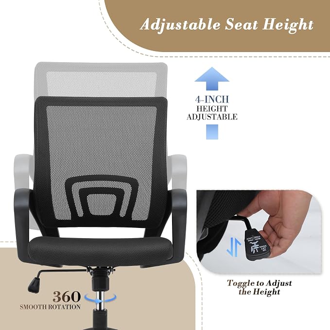 Athena Collection Computer Office Chair, Ergonomic Desk Chair with Rolling Wheels, Mesh Back Support and Height Adjustable, Small and Comfy for Home Office, Study, Black