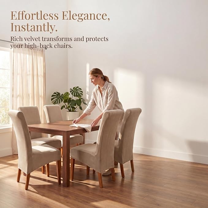 Deisy Dee Stretch XL/Oversized Extra Large Velvet Dining Room Chair Covers for Kitchen Dining，Removable Washable Chair Protectors Slipcovers (Khaki, 2)