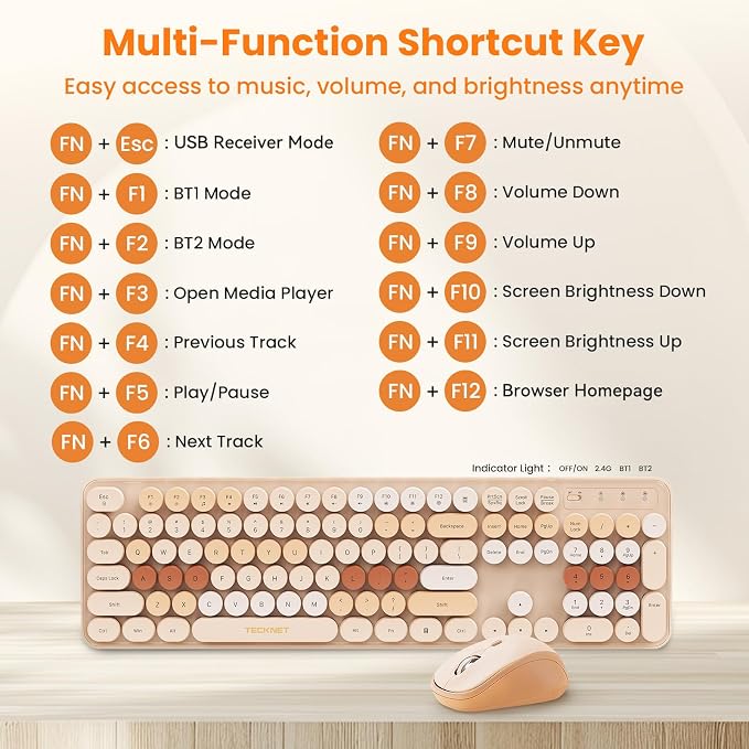 TECKNET Wireless Keyboard and Mouse Combo, Dual Bluetooth & 2.4G, Full Size Retro Typewriter Keyboard with Number Pad, Quiet Round Keys, Colorful Design for Laptop, PC, Tablet, Home Office
