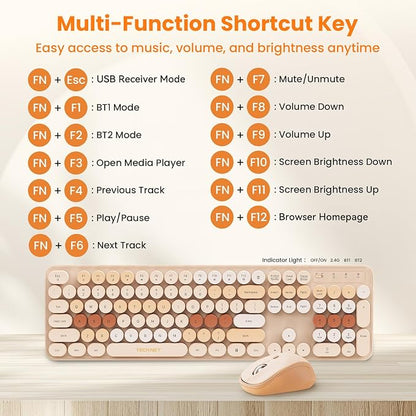 TECKNET Wireless Keyboard and Mouse Combo, Dual Bluetooth & 2.4G, Full Size Retro Typewriter Keyboard with Number Pad, Quiet Round Keys, Colorful Design for Laptop, PC, Tablet, Home Office