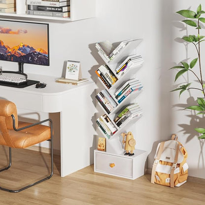 SHEEPAM 8 Tier Tree Bookshelf with Drawer, Free Standing Wood Bookcase for Living Room, Bedroom, Home Office, Space Saving Storage Organizer Bookshelves for Books, CDs, Vinyl Records- White