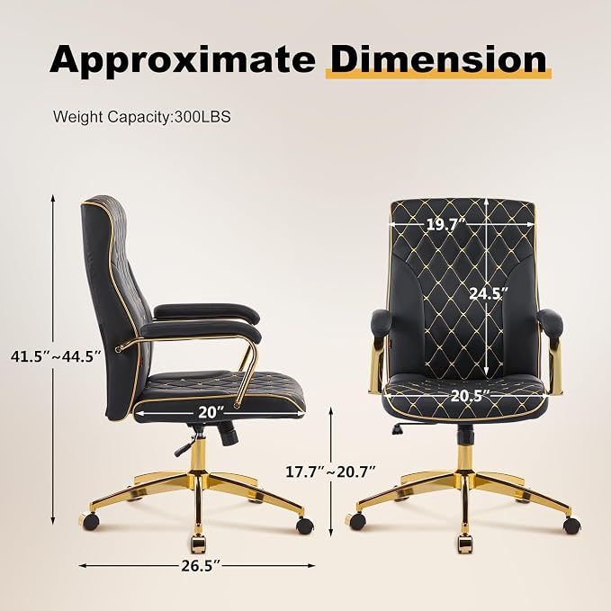 Furniliving Black and Gold Office Chair, Leather Office Chairs, Adjustable Vanity Chair with Golden Legs and Padded Armrest, Modern Upholstered Computer Chair with Wheels,Black