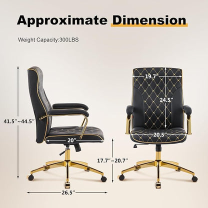 Furniliving Black and Gold Office Chair, Leather Office Chairs, Adjustable Vanity Chair with Golden Legs and Padded Armrest, Modern Upholstered Computer Chair with Wheels,Black