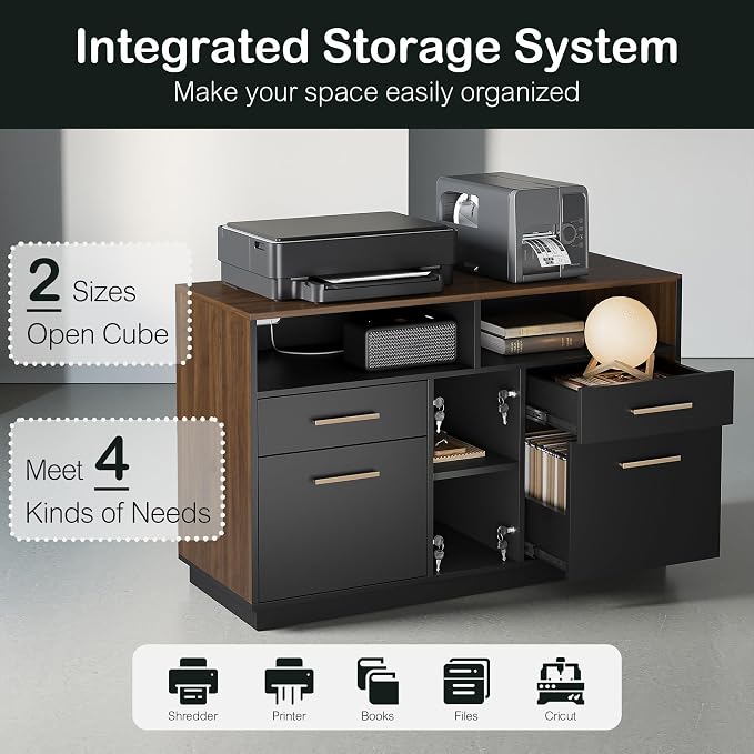 ModernMate 4 Drawer File Cabinet, Wood Filing Cabinet for Home Office with Lock, Power Strip, Storage Shelves, Home Office Lateral File Storage Fits A4/Letter Size, Black Walnut