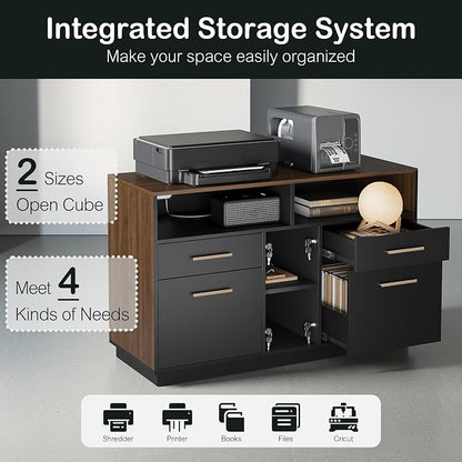 ModernMate 4 Drawer File Cabinet, Wood Filing Cabinet for Home Office with Lock, Power Strip, Storage Shelves, Home Office Lateral File Storage Fits A4/Letter Size, Black Walnut