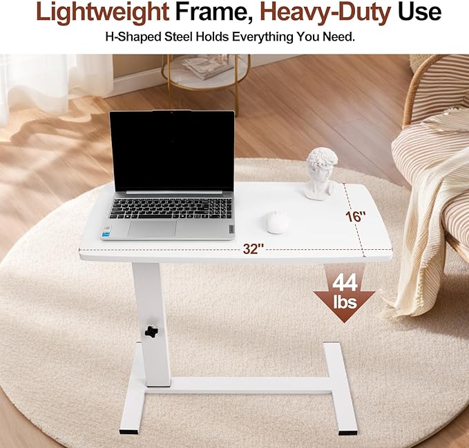 Overbed Bedside Table with Wheels, Adjustable Pneumatic Mobile Standing Desk, Laptop Table Rolling Bed Desk Foldable for Hospital & Home (32" W x 16" D, White)