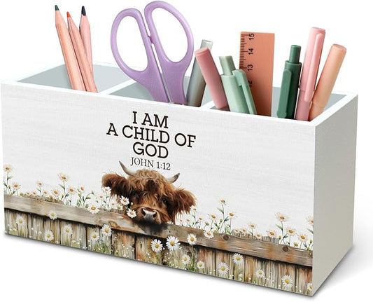 DILSJ Christian Highland Cow Pen Pencil Holder Organizer for Desk, Highland Cow Gifts for Women, I Am a Child of God Wooden Box Signs for Home Office Desk Tabletop Decoration