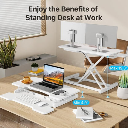 Standing Desk Converter 32 inch, Height Adjustable Sit Stand Desk Riser, Quick Sit to Stand Tabletop Dual Monitor Riser Workstation for Home Office with Keyboard Tray, White