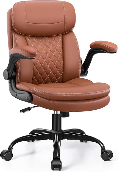 HeroSet Leather Office Chair with Upgraded Double-Layer Seat Cushion and Neckrest for Short People, Brown