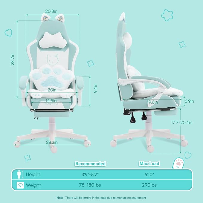 Dowinx Gaming Chair with Cat Ears and Massage Lumbar Support, Ergonomic Computer Chair with Footrest and Headrest, Comfortable Reclining Game Chair 291lbs for Adults, Blue