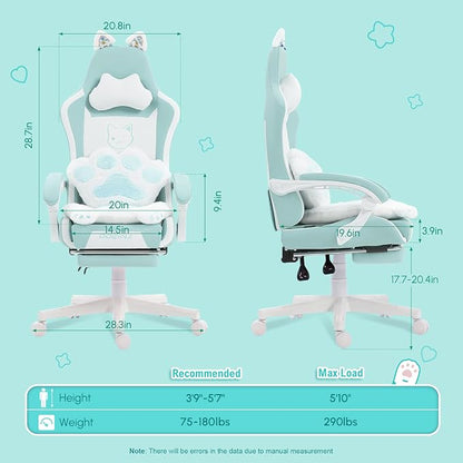 Dowinx Gaming Chair with Cat Ears and Massage Lumbar Support, Ergonomic Computer Chair with Footrest and Headrest, Comfortable Reclining Game Chair 291lbs for Adults, Blue