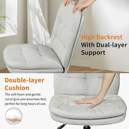 Home Office Desk Chair Comfy - Armless Criss Cross Chair with Wheels Vanity Chair Office Chairs Rolling Swivel Height Adjustable for Adults - Light Grey