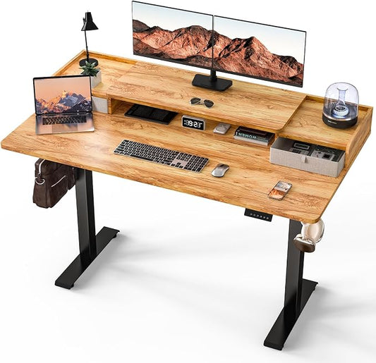 Kingant 63 x 30 Inch Electric Standing Desk with Dual Drawers, Adjustable Height Computer Desk for Home Office, Large Workstation Sit Stand Up Desk with Built-in Storage Shelf, Light Rustic Brown