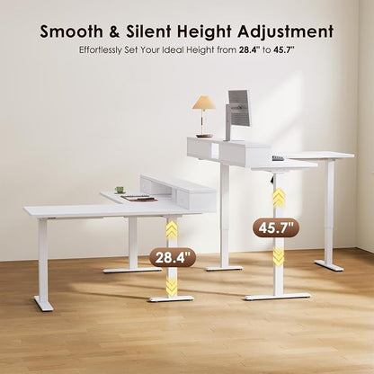 Casaottima 59 Inch Electric L-Shaped Standing Desk with Drawers, Height Adjustable Stand Up Corner Desk with Monitor Stand, Lift Table for Home, Office, Workstation, White
