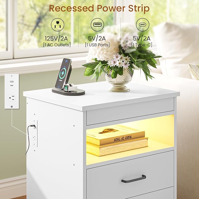 DICTAC Nightstand Set of 2 with Charging Station and LED Lights, Bedside Table with Lockable Sliding Desktop, Modern Night Stand with Storage Drawers and Open Shelf, End Table for Bedroom, Home Office