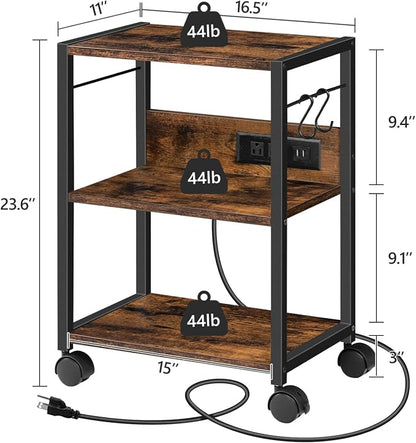 MAHANCRIS Industrial Printer Cart, 3-Tier Mobile Printer Stand, Rolling Cart with Power Outlets and USB Ports, Home Printer Stand with 2 Hooks, for Office, Living Room, Rustic Brown PTHR40E01Z
