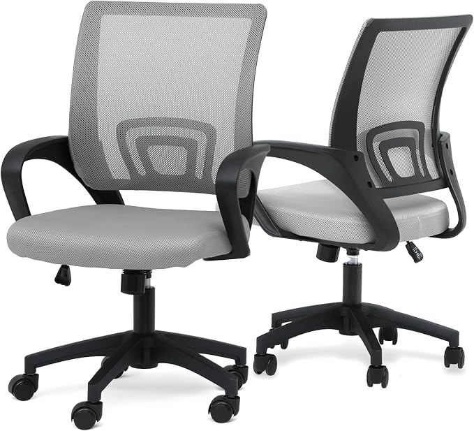 Athena Collection Computer Office Chair Set of 2, Ergonomic Desk Chair with Rolling Wheels, Mesh Back Support and Height Adjustable, Small and Comfy for Home Office, Study, Light Grey