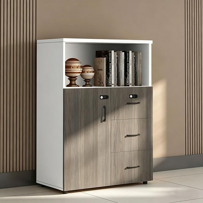 File Cabinet with Password Lock, Wood Lateral Filing Cabinet for Letter/A4 Files, 3 Drawer with Door, Printer Stand with Open Shelves for Home Office