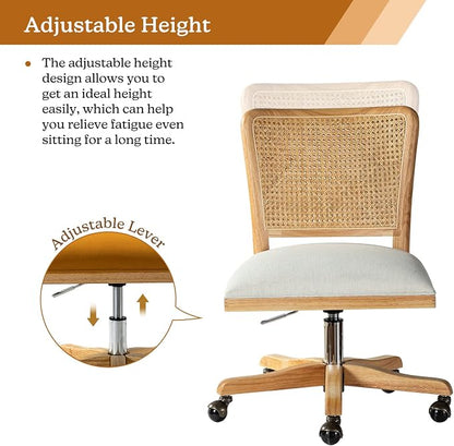 Modern Home Office Chair Comfortable Upholstered Armless Desk Chair, Adjustable Swivel Rolling Computer Chair with Rattan Mid-Back Support, Linen