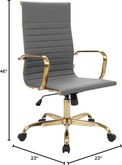 LeisureMod Harris High-Back Task Office Chair - Modern Leather Upholstery with Gold Frame, Ribbed Design 360 Degree Adjustable Swivel for Home, Office, and Study Room