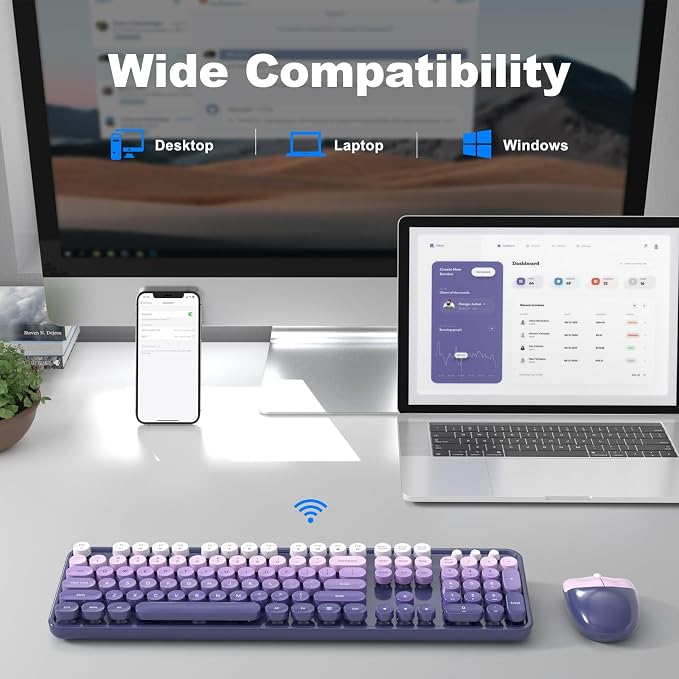 Wireless Keyboard and Mouse Combo, MOWUX Full Size Typewriter Retro Round Computer Keyboard, Cute Optical Mouse Wireless, Plug and Play, for Laptop, PC, Computer- Purple Gradient