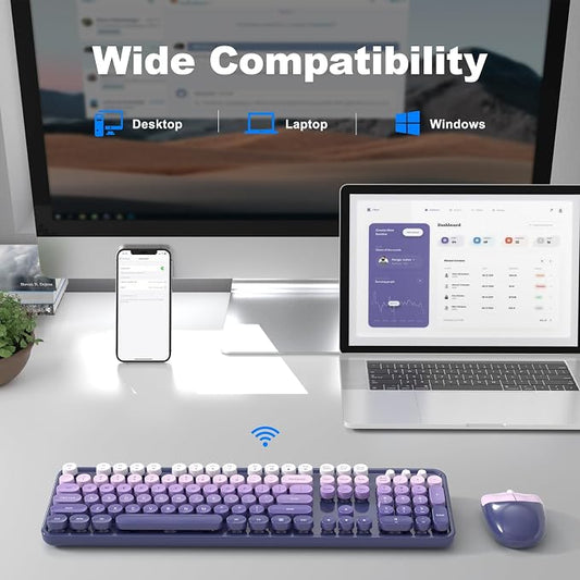 Wireless Keyboard and Mouse Combo, MOWUX Full Size Typewriter Retro Round Computer Keyboard, Cute Optical Mouse Wireless, Plug and Play, for Laptop, PC, Computer- Purple Gradient