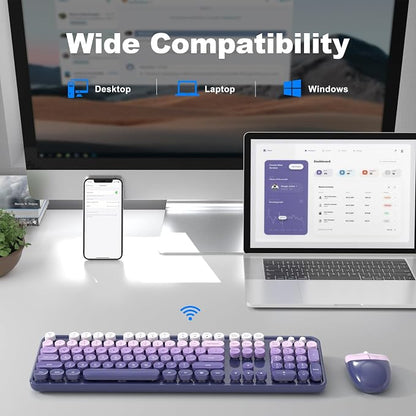 MOFII Wireless Keyboard and Mouse Combo, 2.4GHz Retro Typewriter Keyboard Full Size, Cute Wireless Mice, USB Dongle Plug and Play, for Laptop, PC, Desktop, Windows (Purple Gradient Color)