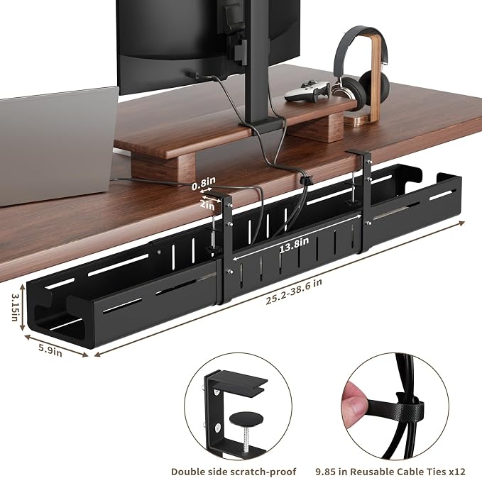 Under Desk Cable Management Tray, Expandable 25.2"–38.6", No Drill Clamp Mount, Cord Management Heavy Duty Carbon Steel Standing Cord Organizer for Home, Office, Gaming, Desk, Black