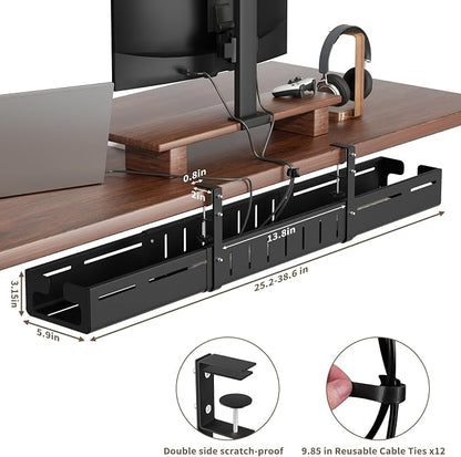 Under Desk Cable Management Tray, Expandable 25.2"–38.6", No Drill Clamp Mount, Cord Management Heavy Duty Carbon Steel Standing Cord Organizer for Home, Office, Gaming, Desk, Black