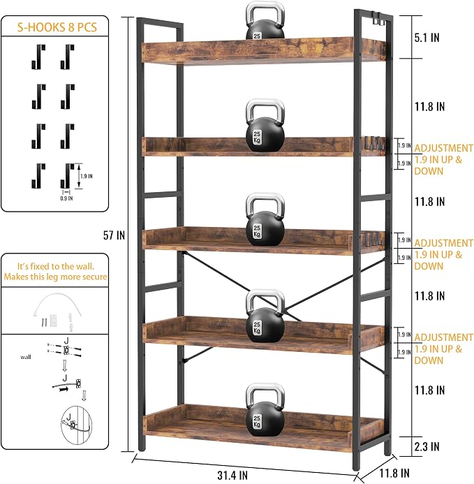 HCHQHS 5 Tier Bookshelf, Adjustable Industrial Bookcase, Vertical Tall Book Shelf, Wood and Black Metal Open Bookshelves for Home Office, Living Room, Bedroom