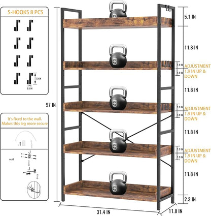 HCHQHS 5 Tier Bookshelf, Adjustable Industrial Bookcase, Vertical Tall Book Shelf, Wood and Black Metal Open Bookshelves for Home Office, Living Room, Bedroom