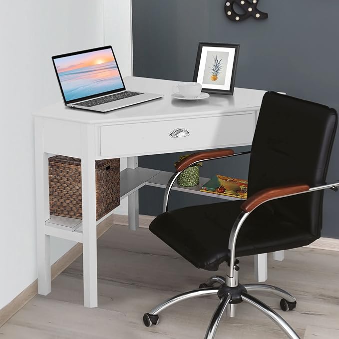 POWERSTONE Corner Desk with Drawer & Storage Shelves Small Triangle Writing Table Computer Desk Corner Vanity for Home Office Small Space White