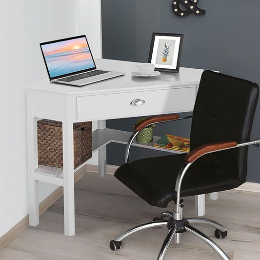 POWERSTONE Corner Desk with Drawer & Storage Shelves Small Triangle Writing Table Computer Desk Corner Vanity for Home Office Small Space White