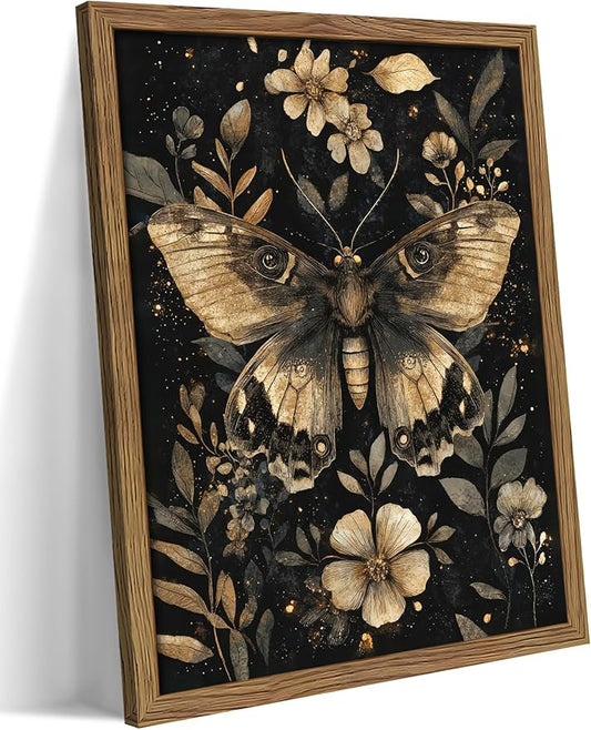 Vintage Moth Canvas Wall Art, Dark Academia Gothic Decor, Insect Botanical Painting, Enchanted Moth Flowers Picture Print, Nature Wall Decor for Living Room Bedroom 12x16 inch Wood Framed