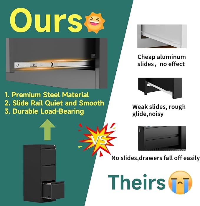 3 Drawer File Cabinet with Lock for Home Office | Small Metal Filing Cabinet, Under Desk, Vertical Organizer, Legal/Letter Size File, Easy Assembly