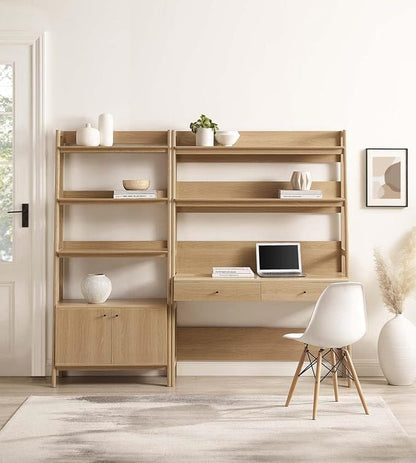 Modway 2-Piece Home Office Desk and Bookshelf Display Case in Oak
