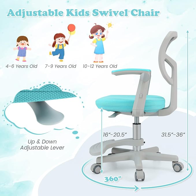 Giantex Kids Desk Chair, Ergonomic Adjustable Student Rolling Chair with Footrest & Flip-up Armrest, Mesh Children Office Chair with Universal Wheels, Kids Computer Chair for Boys & Girls, Turquoise
