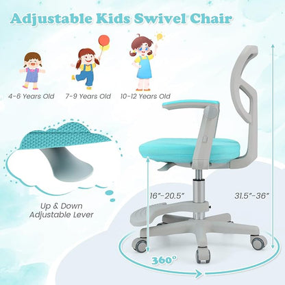 Giantex Kids Desk Chair, Ergonomic Adjustable Student Rolling Chair with Footrest & Flip-up Armrest, Mesh Children Office Chair with Universal Wheels, Kids Computer Chair for Boys & Girls, Turquoise