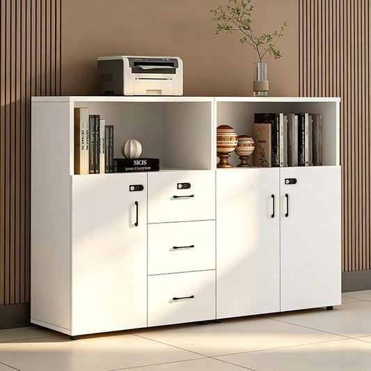 File Cabinet with Password Lock, Wood Lateral Filing Cabinet for Letter/A4 Files, 3 Drawer with Door, Printer Stand with Open Shelves for Home Office