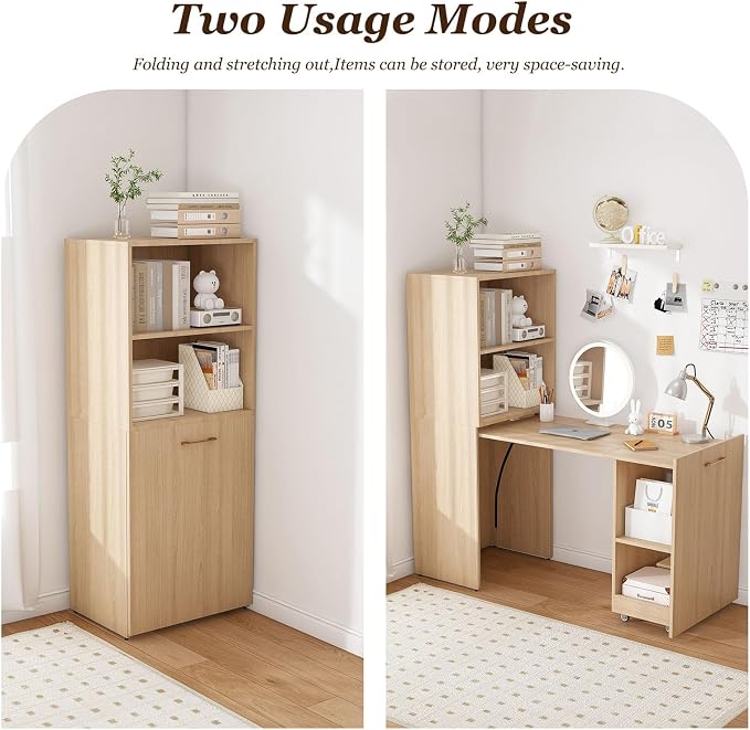 Fold Out Desk with Storage Shelves & Mobile Wheels, Convertible Pull-Out Murphy Desk for Small Spaces | Hidden Writing Computer Desks for Home Office, Apartment & Bedroom(Natural Wood)